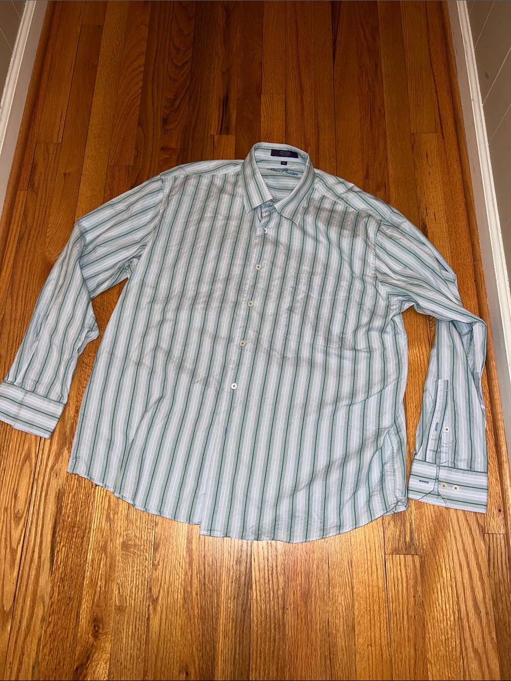 Alan Flusser Men’s Green and White Striped Dress Shirt